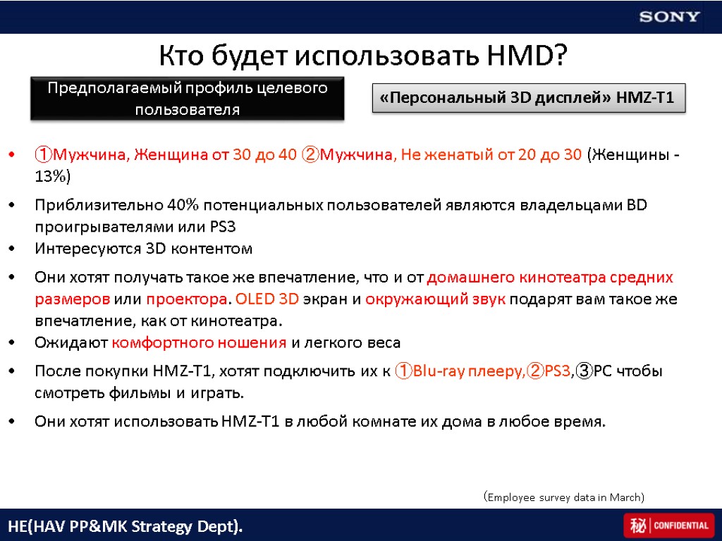 Предполагаемый профиль целевого пользователя （Employee survey data in March) «Персональный 3D дисплей» HMZ-T1 Кто